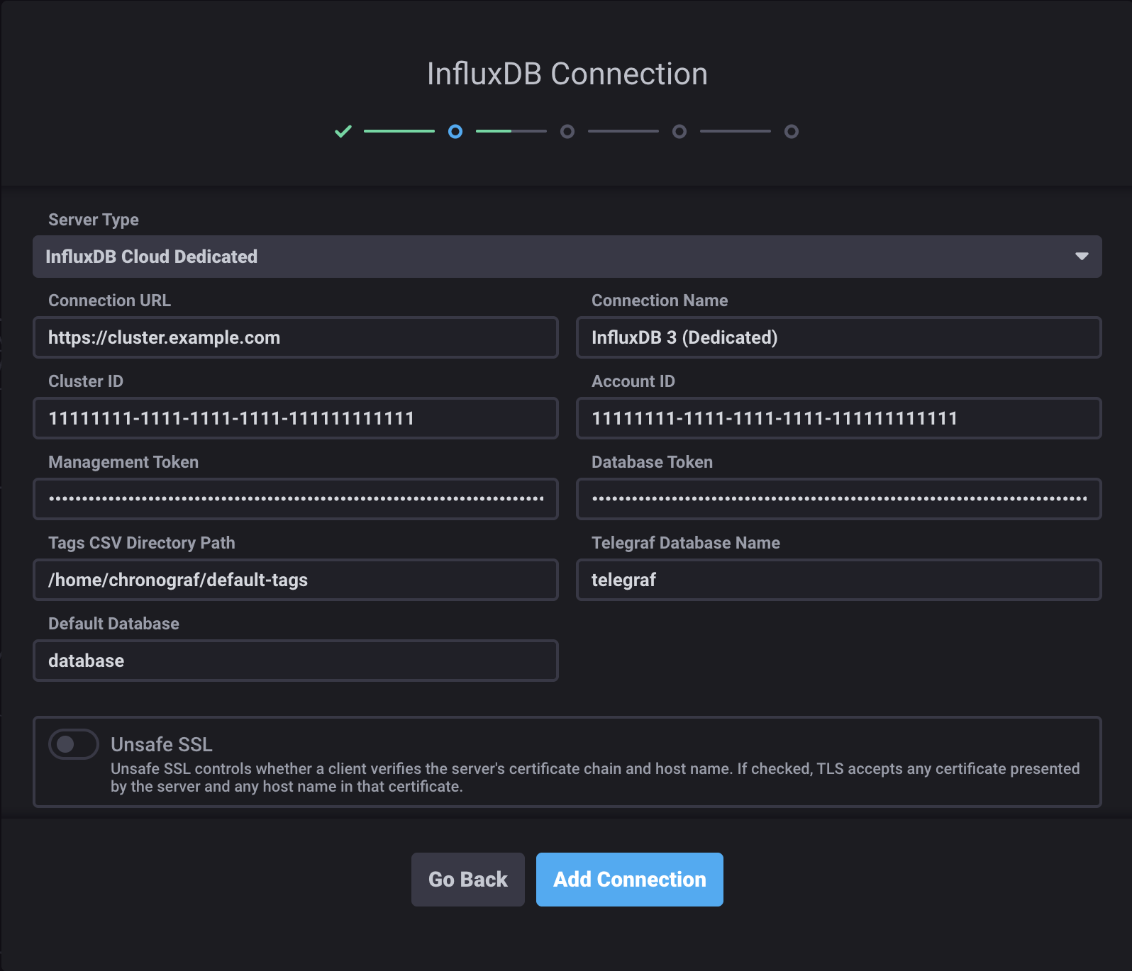 Chronograf InfluxDB Cloud Dedicated connection configuration