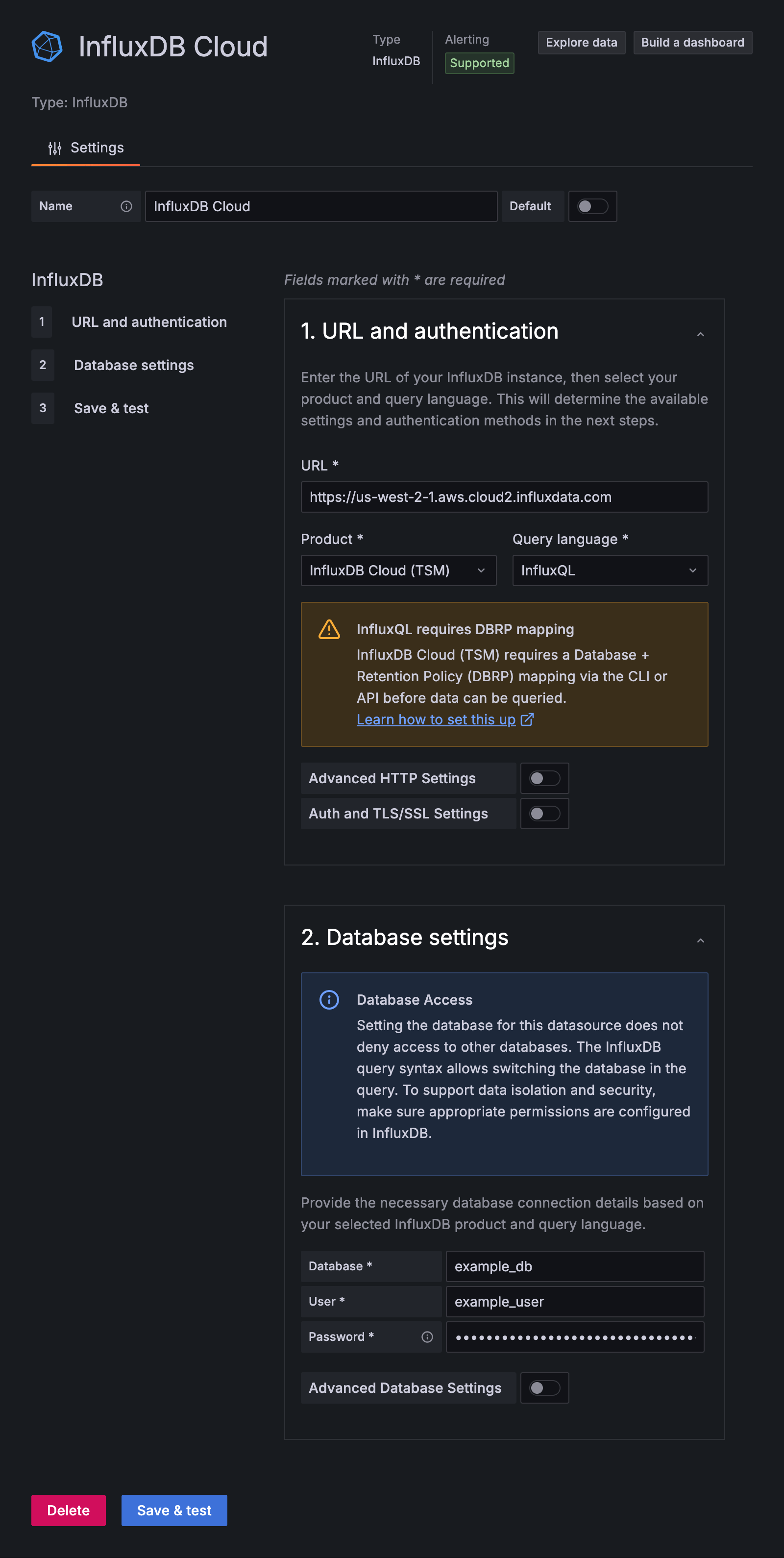 InfluxQL configuration for InfluxDB Cloud (TSM) with v1 auth