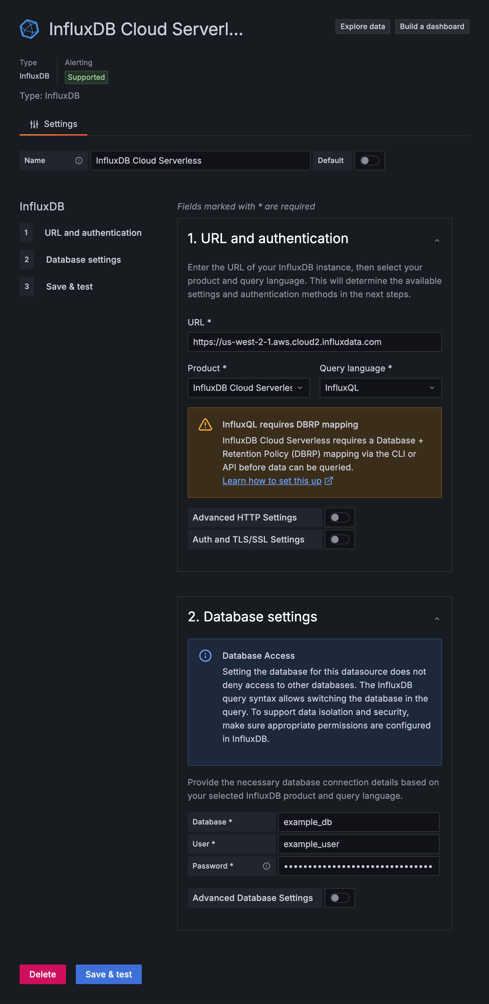 InfluxQL configuration for {{% product-name %}} with DBRP warning