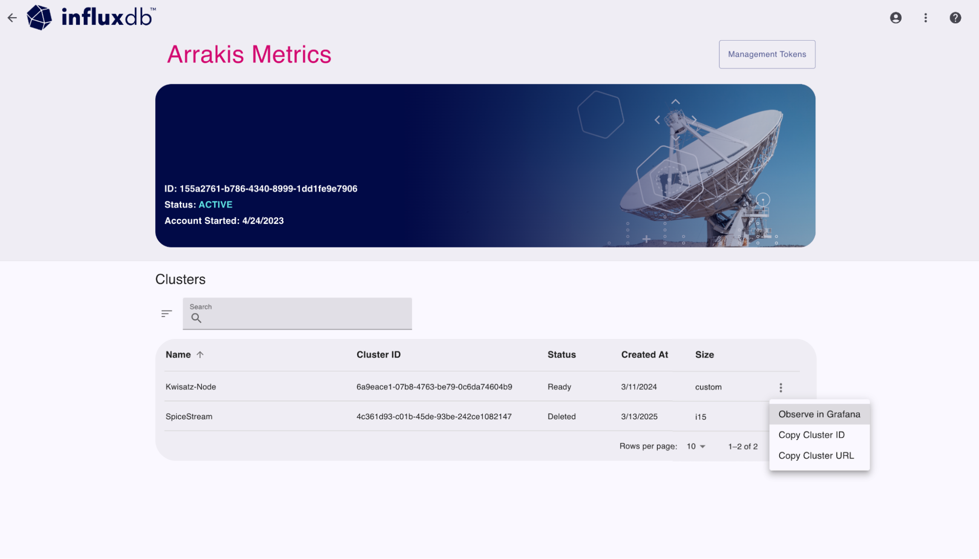 InfluxDB Cloud Dedicated Admin UI account management cluster list