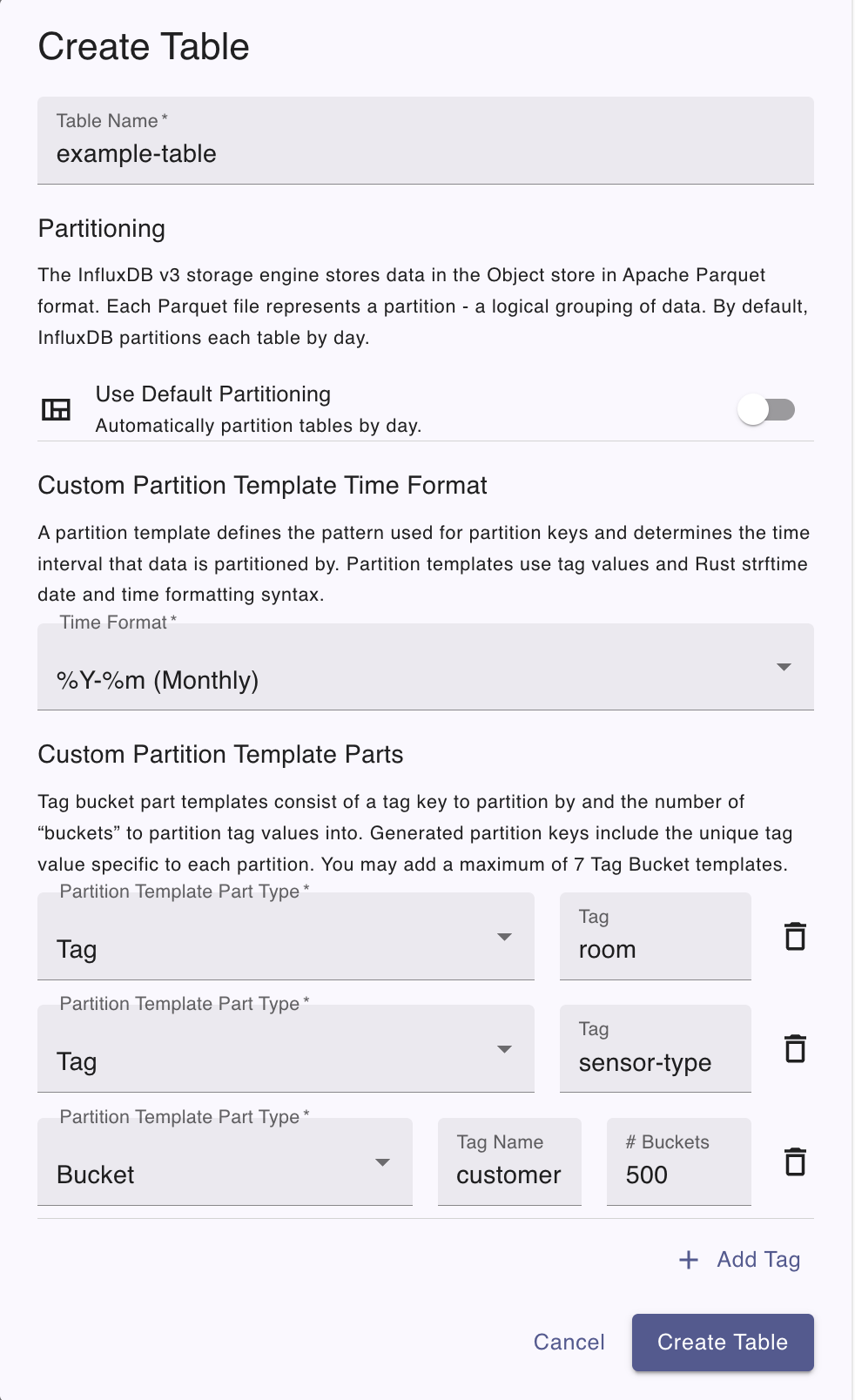 Create table dialog with custom partitioning example values