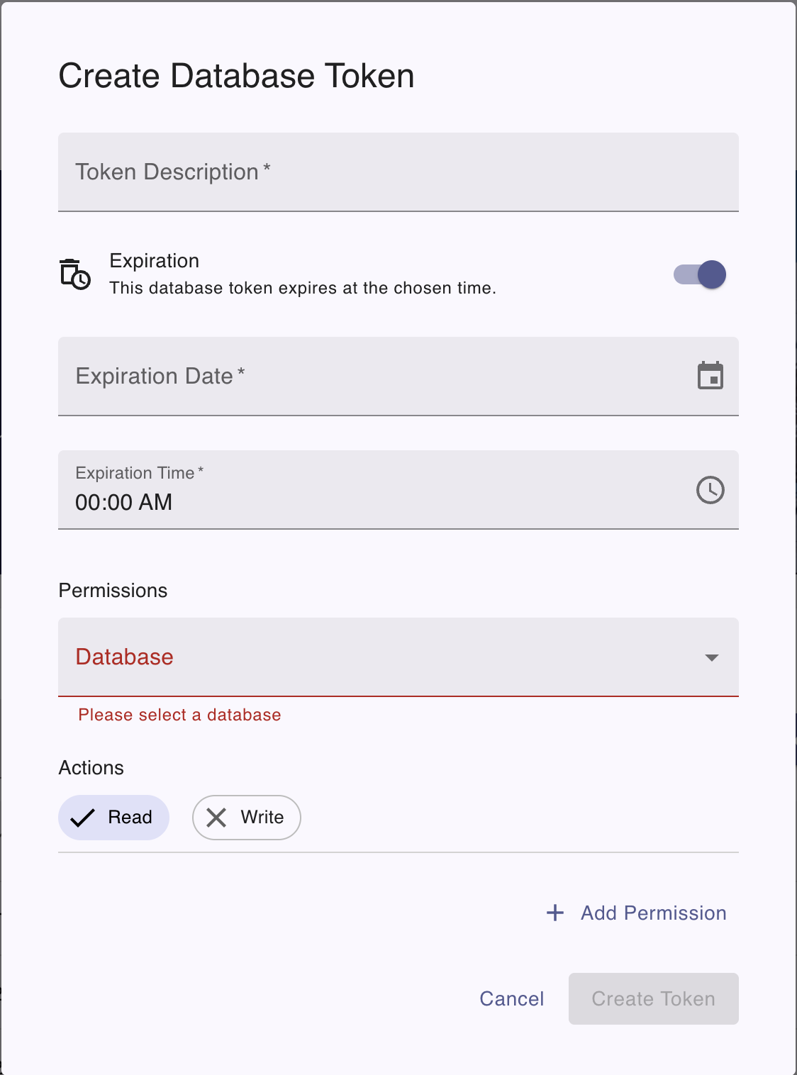 Create database token dialog