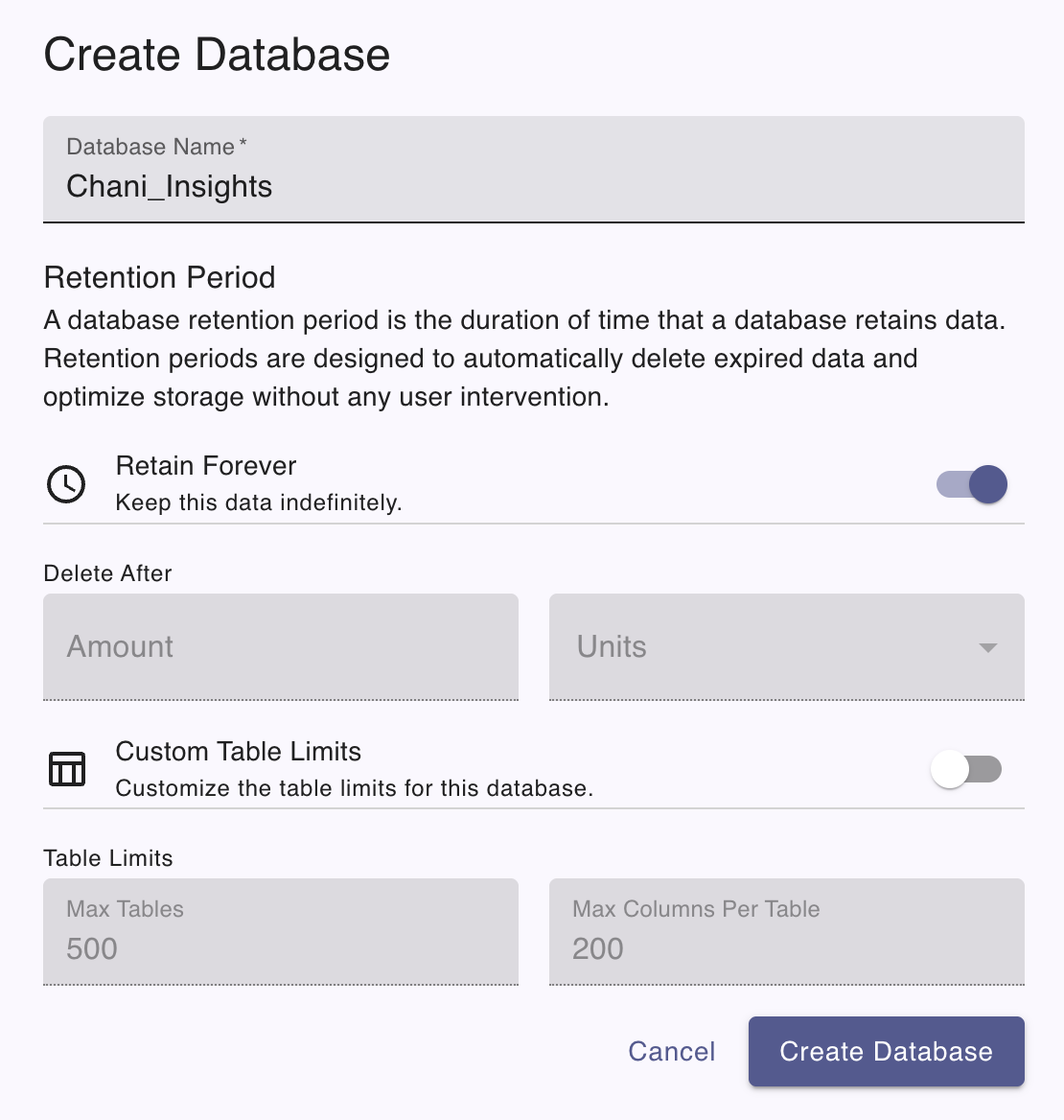 Create database dialog