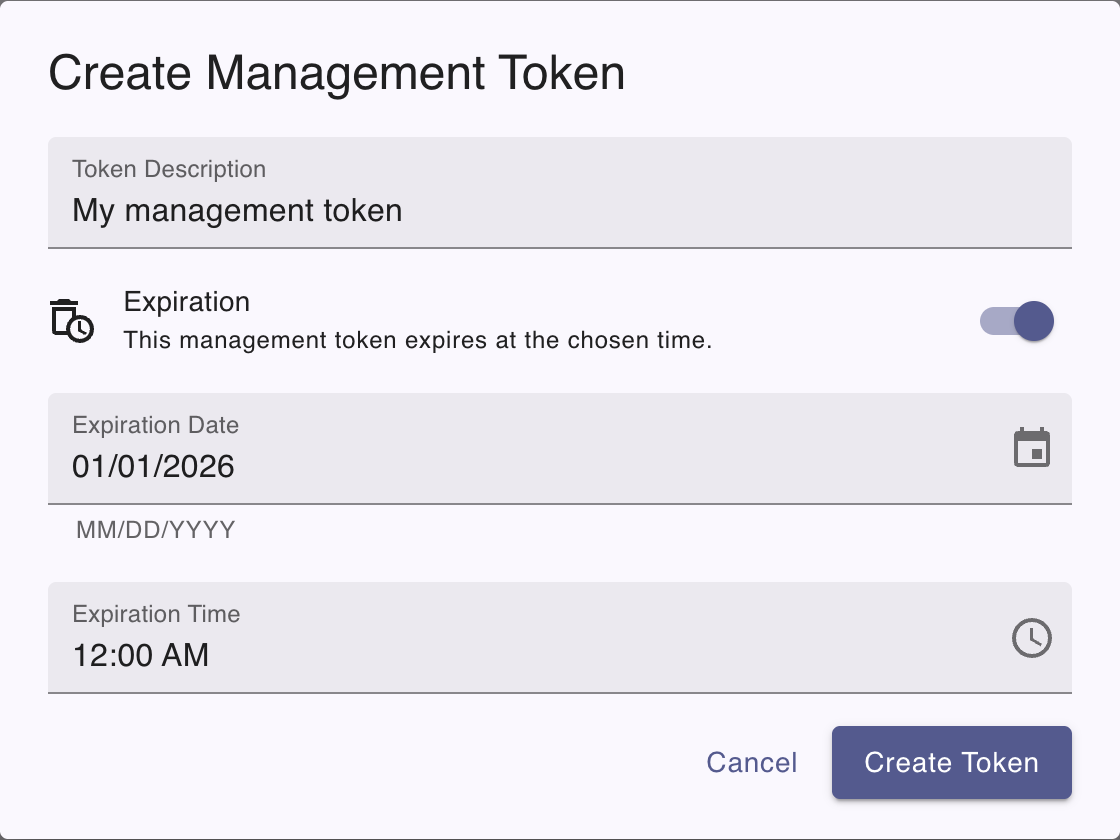 Create management token dialog