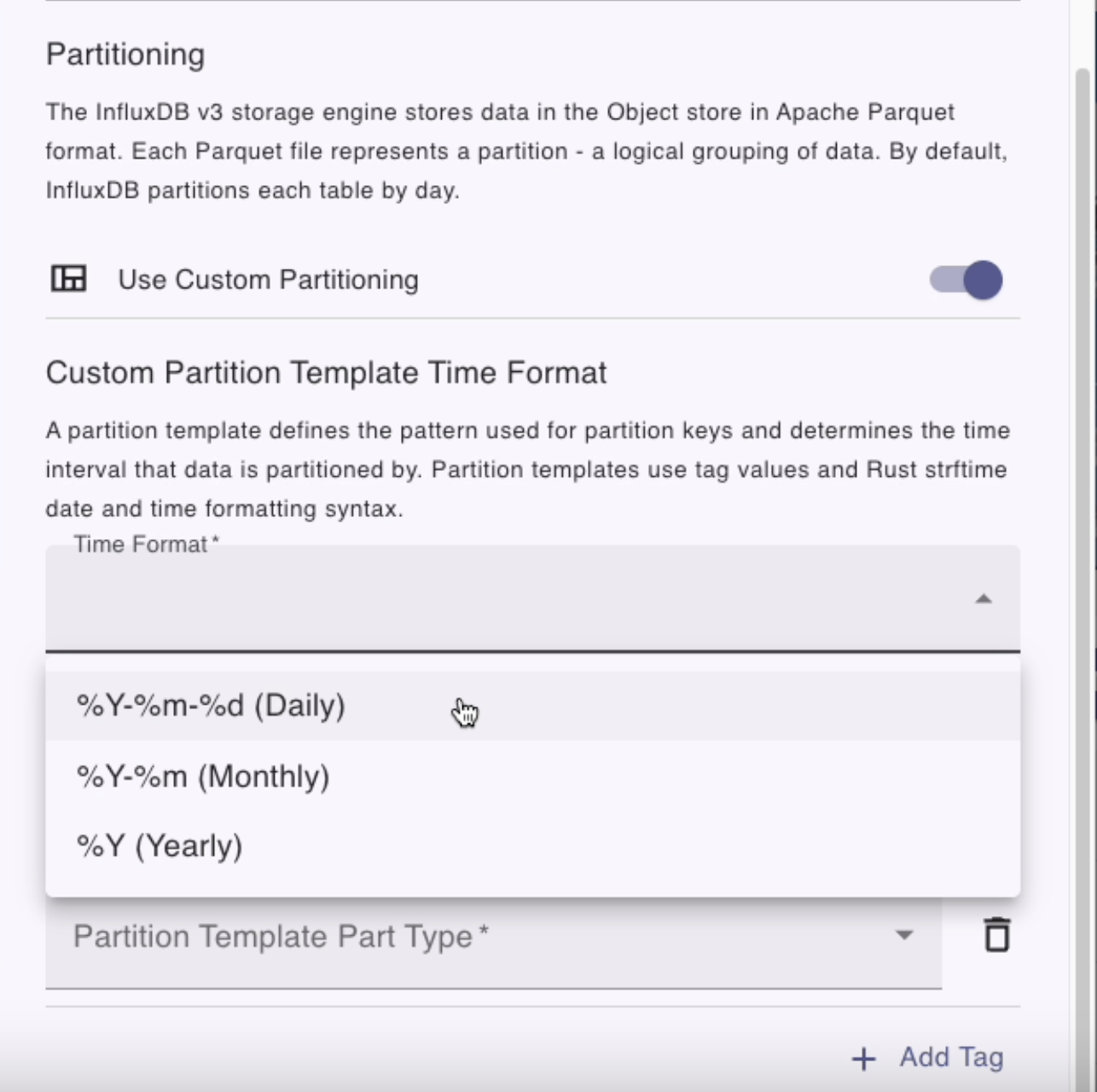 Create table dialog with custom partitioning