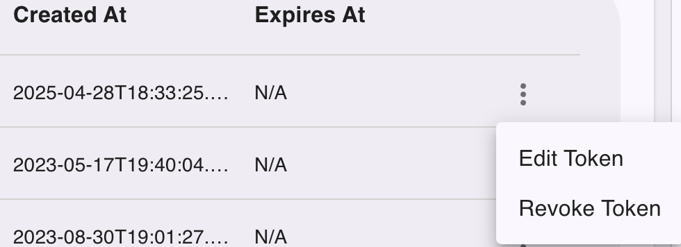 Database token option menu