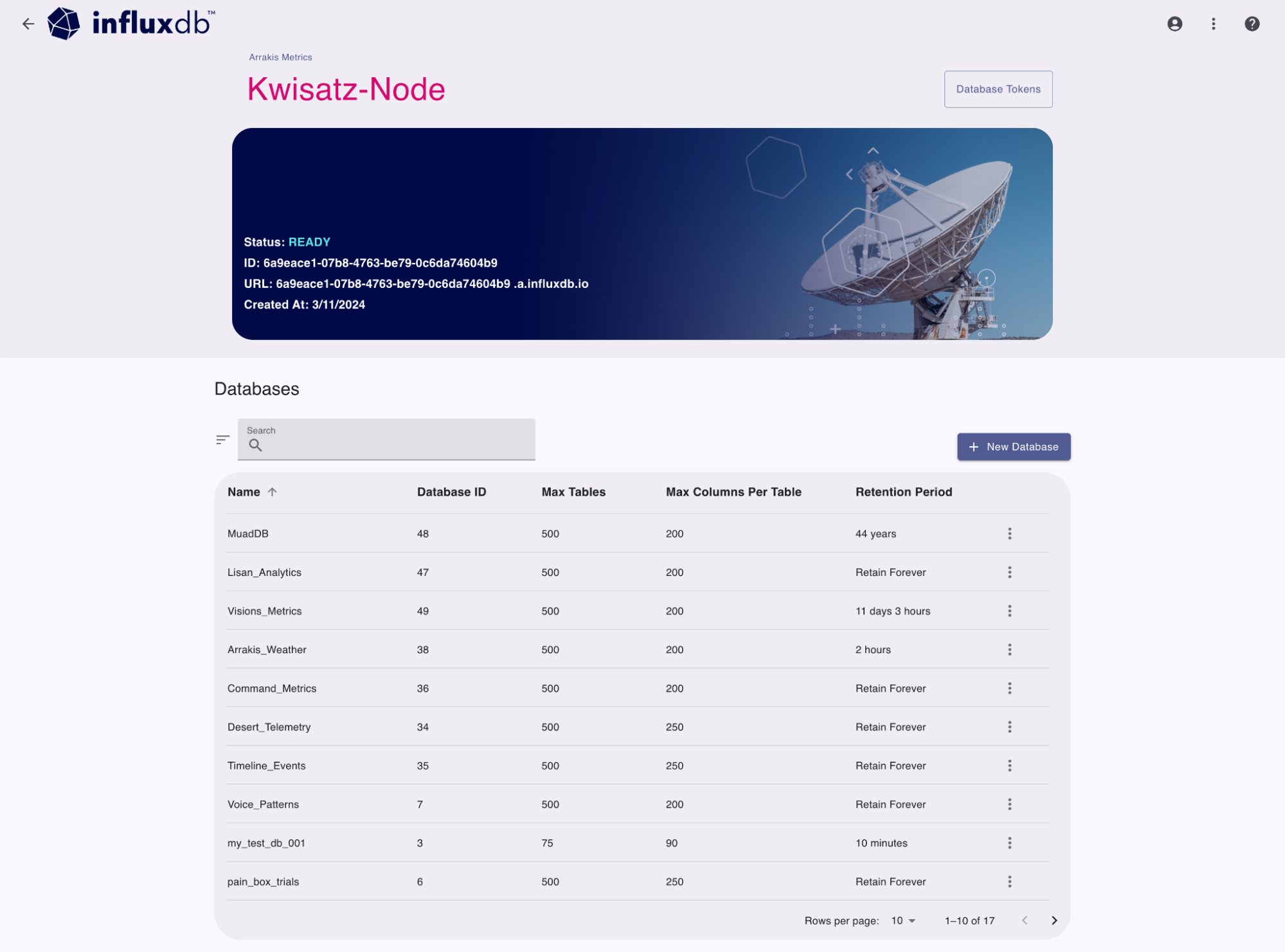 InfluxDB Cloud Dedicated Admin UI cluster resources databases list