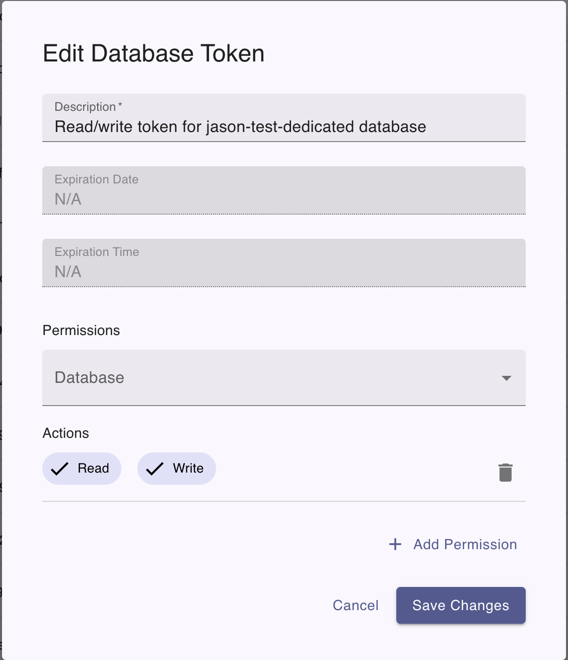Edit Database Token dialog