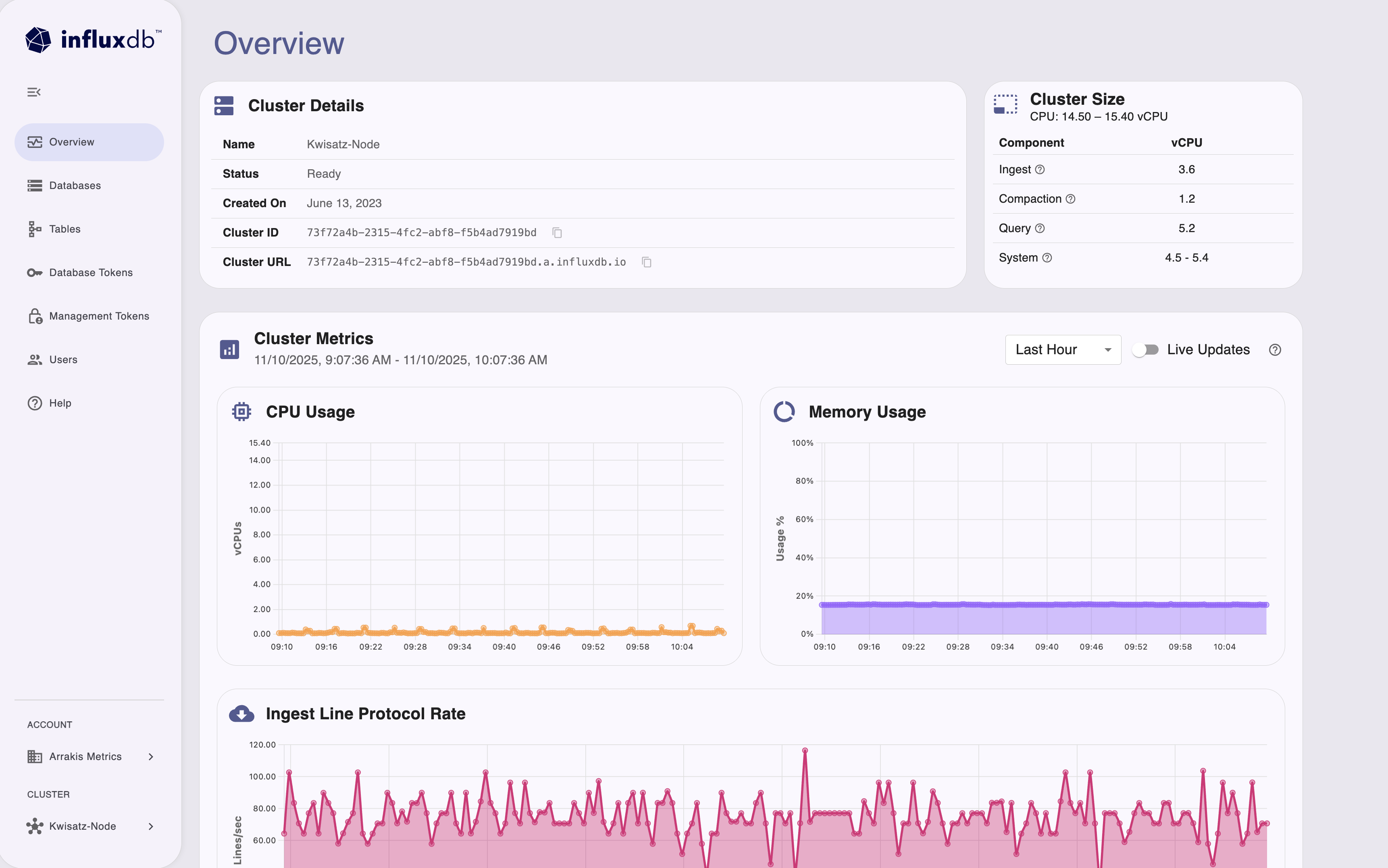 InfluxDB Cloud Dedicated Admin UI cluster overview