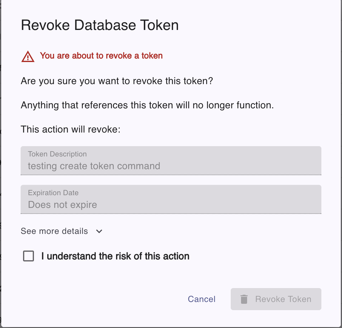 Revoke database token dialog
